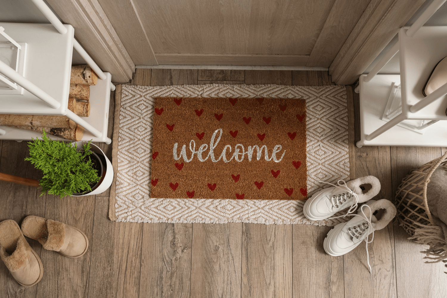 A welcome mat at the front door of a new rental home, with shoes and a plant