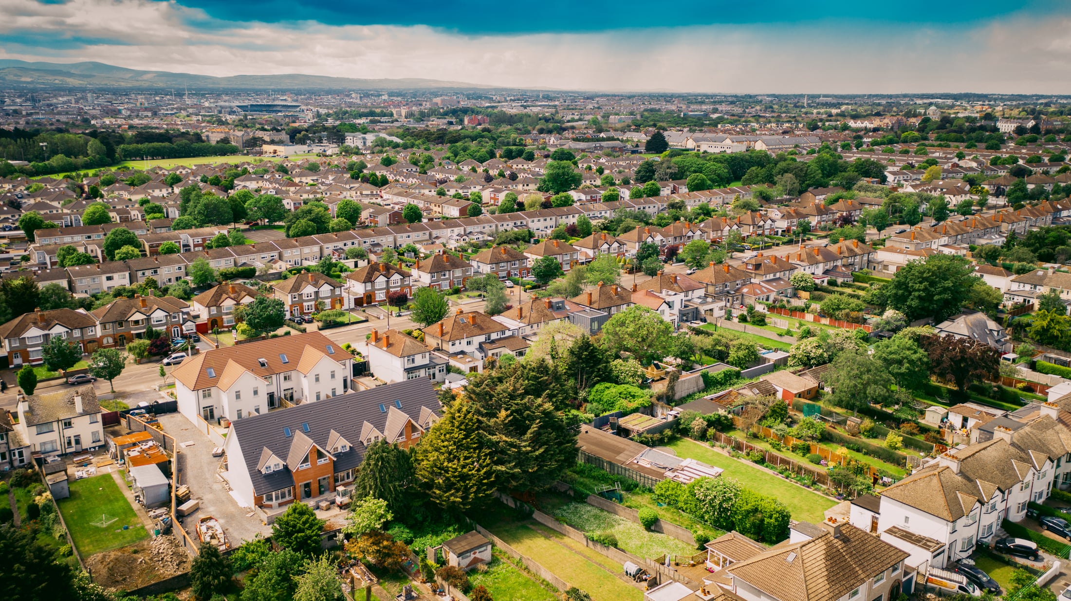 Aerial view over Irish rooftops and suburbs